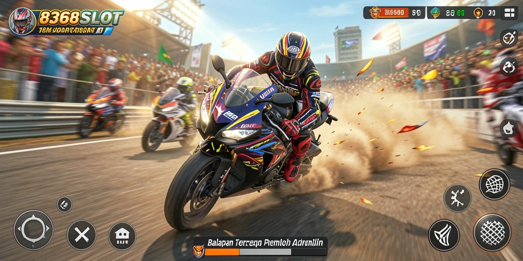 Screenshot utama 8368SLOT menampilkan aksi balapan motor yang seru dan mendebarkan.