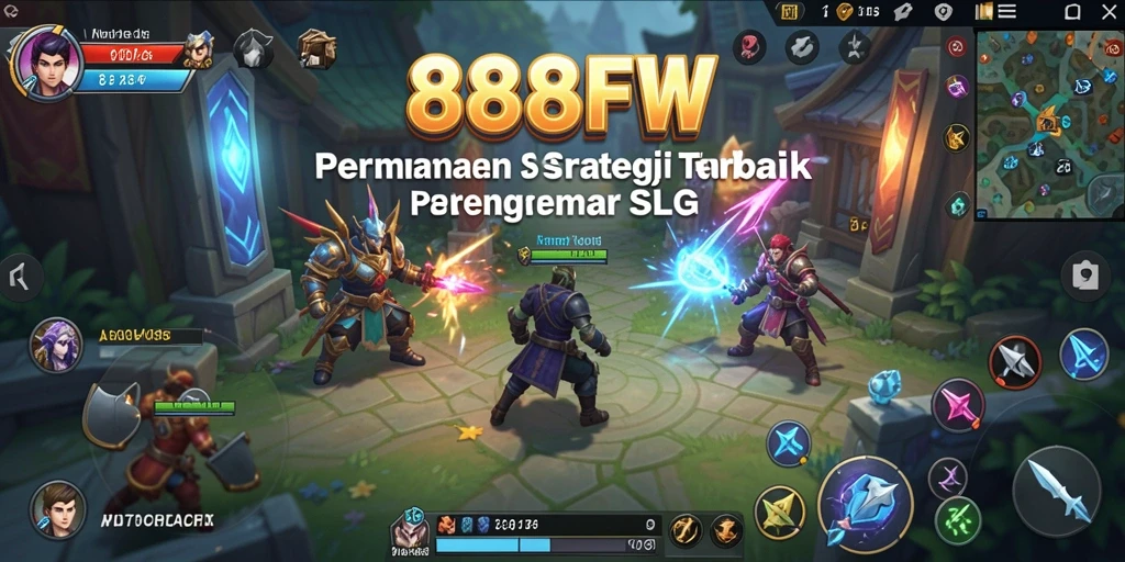 Screenshot utama 888FW menampilkan aksi pertarungan strategi SLG.
