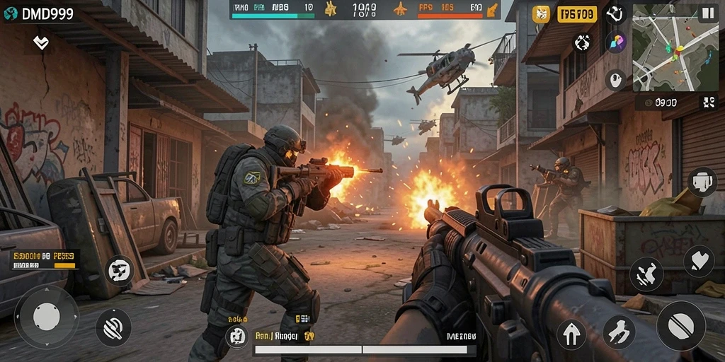 Tangkapan layar menampilkan gameplay intens DMD999 dengan aksi tembak-menembak yang seru.