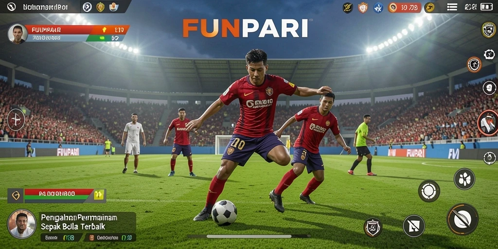 Screenshot utama yang menunjukkan aksi mendebarkan dalam permainan sepak bola.