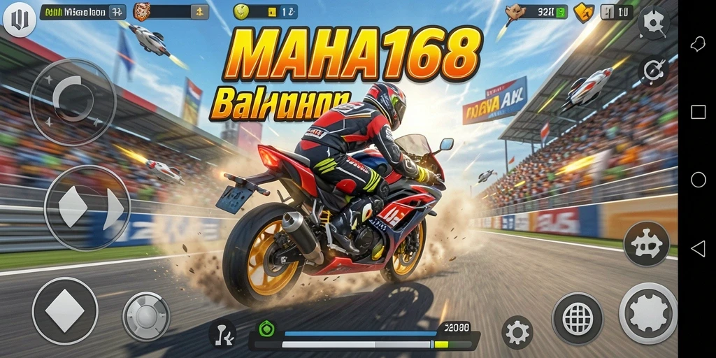 Tampilan gameplay seru dalam balapan motor MAHA168.