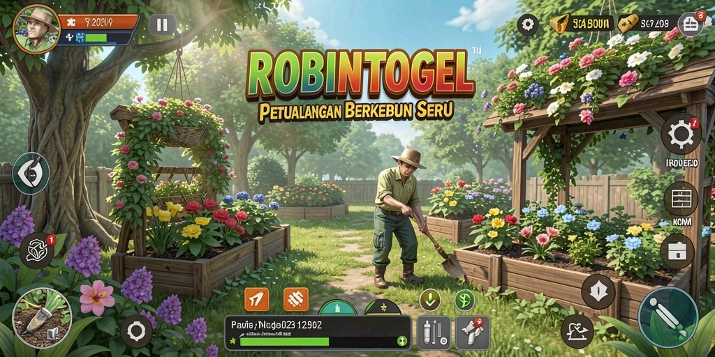 Screenshot dari gameplay ROBINTOGEL menunjukkan kebun yang hijau dan subur.