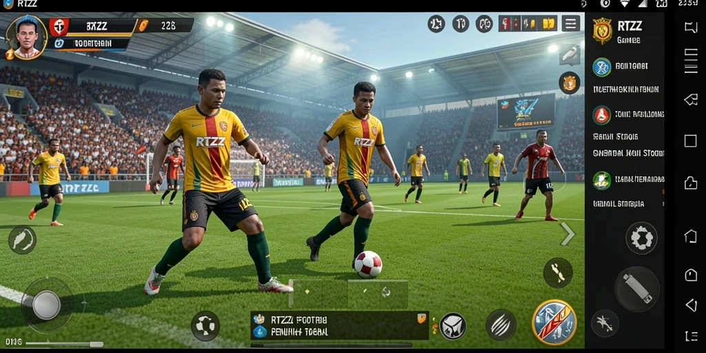 Screenshot utama RTZZ menampilkan aksi seru di lapangan sepak bola.
