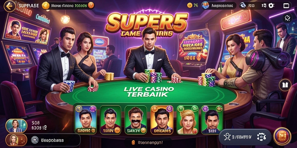 Tampilan utama gameplay SUPER5 dengan dealer langsung yang berinteraksi.
